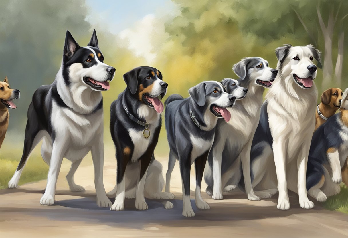 A large dog confidently leads a group of smaller dogs, demonstrating authority and control